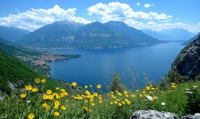 Wall Mural - Beautiful landscape view of mountains and lake,