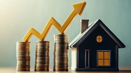 Poster - Illustration of financial success in real estate with a model house adjacent to ascending coins and growth arrow : Generative AI