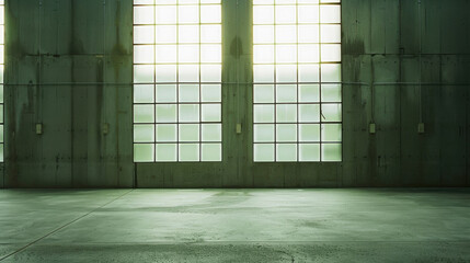 Wall Mural - spacious industrial interior with large windows allowing natural light, featuring concrete walls and floor, creating minimalist atmosphere