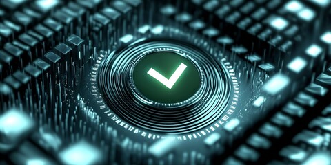 Poster - Illuminated green check mark symbol integrated within detailed digital circuit background : Generative AI