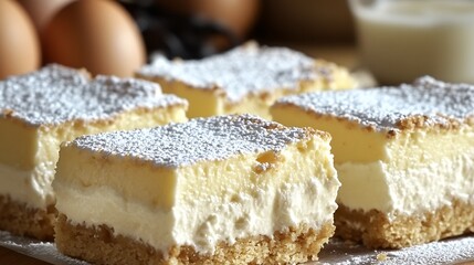 Poster - Sliced Creamy Dessert with Crust and Powdered Sugar on Top and Baking Utensils Nearby : Generative AI