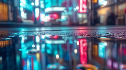 Fototapete - Dynamic View of Reflections on Rainy Pavement in Neon Urban Scene : Generative AI
