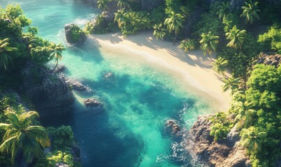 Wall Mural - Aerial view of a lush tropical island with clear turquoise water and sandy beaches, soft sunlight creating a serene and peaceful atmosphere, exotic natural tones