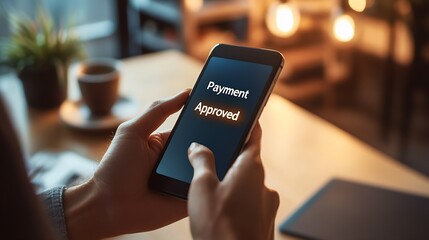 Poster - Two hands holding a smartphone showing payment approved message at a coffee shop : Generative AI