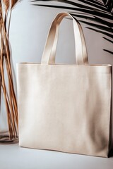 Leinwandbilder - Chic beige tote bag positioned elegantly with foliage accents and simple styling : Generative AI