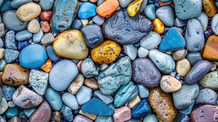 Poster - Colorful pebbles and stones create vibrant natural mosaic, showcasing various shapes and textures. smooth surfaces reflect light beautifully, enhancing visual appeal