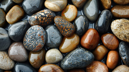 Poster - Smooth river stones in various colors and textures create natural, calming aesthetic. arrangement showcases earthy tones and unique patterns, perfect for decorative use
