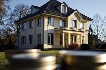 Poster - Stunning family residence with a spacious layout and a well-manicured garden in golden sunlight : Generative AI