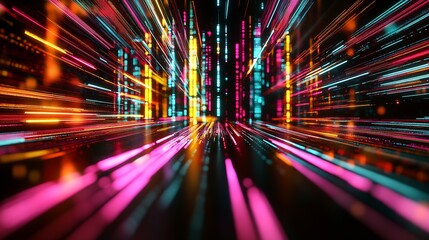 Poster - High-speed visual representation of a vibrant digital cityscape filled with colorful neon lines and light trails : Generative AI