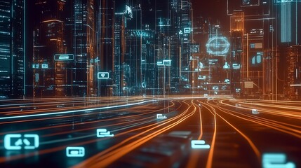 Fototapete - Futuristic street scene showcasing glowing lines and high-tech elements along a city highway at night : Generative AI