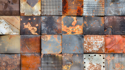 Poster - Rusty metal tiles arranged in grid pattern, showcasing various textures and colors. image evokes sense of industrial aesthetics and weathered beauty