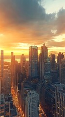 Poster - Captivating city skyline at sunset reflecting vibrant colors over urban architecture and high-rise buildings : Generative AI