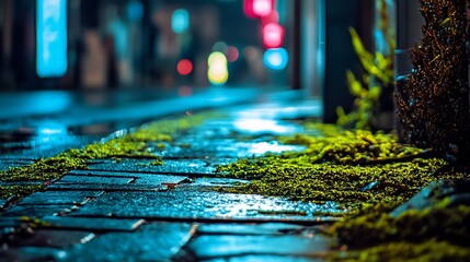 Aufkleber - Lush green moss creeping over cobblestones in a dimly lit urban street scene at night : Generative AI