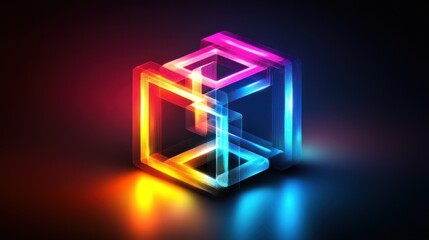 Poster - Glowing Geometric Shape Abstract: Neon Lines Forming Interlocking Cubes