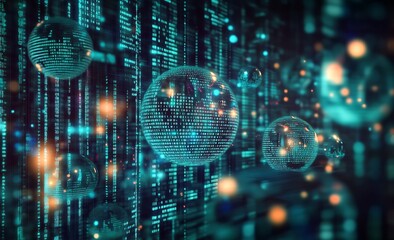 Fototapete - Illuminated digital spheres in a vibrant matrix of data and binary code : Generative AI