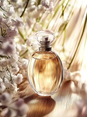 Aufkleber - Chic perfume bottle surrounded by soft floral elements and warm ambient light : Generative AI