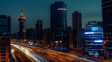 Poster - Dynamic Urban Landscape at Dusk Featuring Skyscrapers and Light Trails from Busy Road : Generative AI