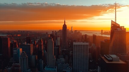 Poster - Stunning skyline view of New York City at sunset featuring iconic buildings and a vibrant sky : Generative AI