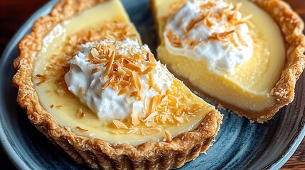 Poster - A well-prepared coconut cream pie cut into two portions garnished with whipped cream : Generative AI