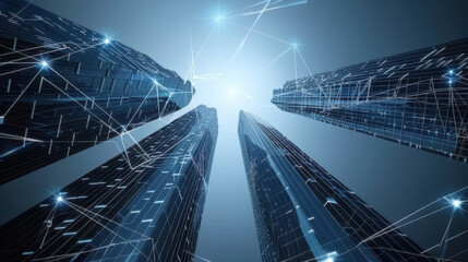 Poster - modern skyscrapers with digital connections and blue light beams