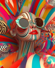 Aufkleber - Colorful creative interpretation of a mannequin wearing stylish sunglasses surrounded by a playful backdrop : Generative AI