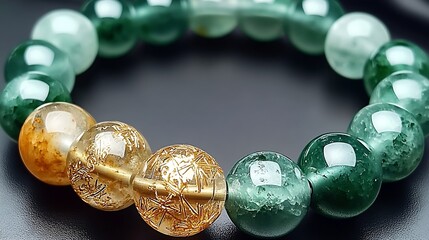Poster - Charming green and gold bead bracelet with stunning finishes creating a delightful piece of handmade jewelry : Generative AI