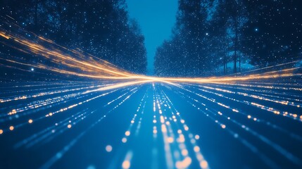 Aufkleber - stunning long exposure shot of glowing lights on a pathway surrounded by lush trees in a mystical bl