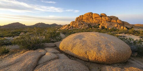 Sticker - Serene desert sunset enveloping rugged rock formations and sparse vegetation in warm golden hues beneath a canopy of deepening dusk.