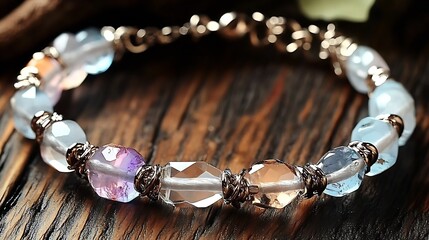 Poster - Stylish bracelet with assorted gemstones and intricate wire design on a rustic wooden table : Generative AI