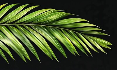 Wall Mural - a close-up view of a lush green palm leaf set against a dark background, showcasing its intricate te