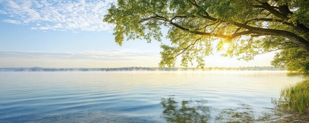 Sticker - Tranquil lakeside haven with gentle mist rising above still waters, embraced by vibrant foliage and warm sunlight cascading through branches.