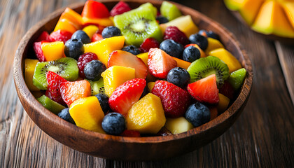 Wall Mural - Fruit salad on wooden table, close up horizontal