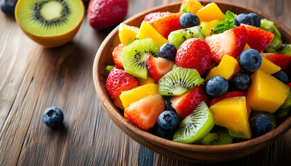 Wall Mural - Fruit salad on wooden table, close up horizontal