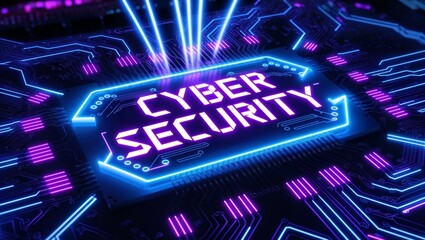 Glowing cyber security display on a computer chip with neon lights signifies digital protection.