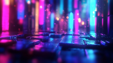 Poster - Luminous Futuristic Pathway Glowing with Neon Lights and Wet Pavement : Generative AI