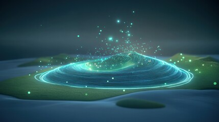 Poster - Abstract landscape with glowing concentric circles and sparkling particles