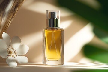 Aufkleber - Elegant glass perfume bottle with a floral accent on a soft light background showcasing luxury and style : Generative AI
