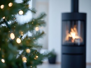 Seasonal holiday decor with twinkling lights, lit fireplace, and a beautiful evergreen tree in the foreground.