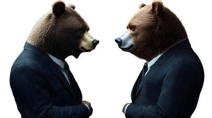 Poster - bear versus bear in suits facing each other, trading on stock market. bullish vs bearish trend. gene