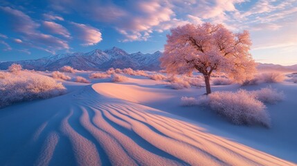 Aufkleber - Smooth sand dunes gracefully curve beneath a pastel sky, embraced by a serene landscape. A lone tree adds warmth and character as sunlight dances upon the frost-kissed earth