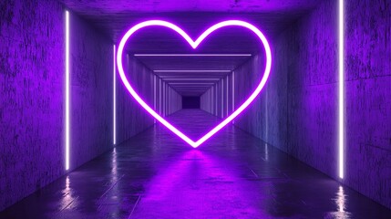 Poster - A vibrant purple neon heart radiates warmth within a shadowy corridor, surrounded by illuminated lines. The atmosphere invites a feeling of wonder and allure as light reflects off the walls