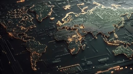 Poster - Cyber finance and digital payments, world map with encrypted transaction pathways.