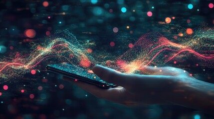 Poster - Digital connectivity concept, smartphone in hand with G signal waves expanding outward.