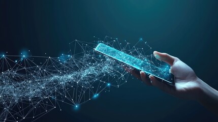 Poster - Digital connectivity concept, smartphone in hand with G signal waves expanding outward.