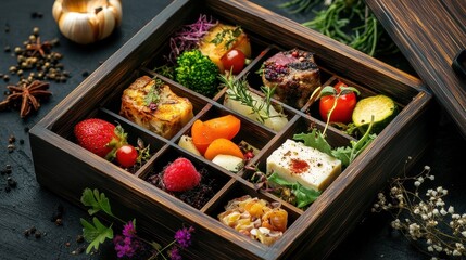 Wall Mural - Gourmet boxed food with organic ingredients, luxury health food concept. 