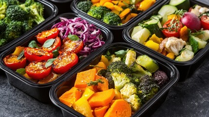 Wall Mural - Healthy boxed dinners with colorful vegetables and lean proteins.