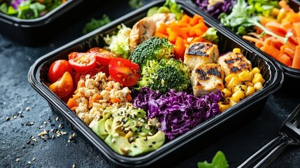 Wall Mural - Healthy boxed dinners with colorful vegetables and lean proteins.