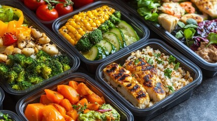 Wall Mural - Healthy boxed dinners with colorful vegetables and lean proteins.