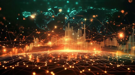 Poster - Financial data visualization with interconnected market trends, global economy heat maps, and investment tracking