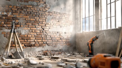 Poster - A 3D illustration showcasing a construction site with an unfinished brick wall, construction tools like a spade and drill, with dust and debris scattered around.